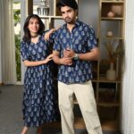Couple Matching Navy-Blue Printed Cotton Anarkali Midi Dress & Shirt Set ? Summer Casual Wear