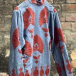 Womens Light Blue Velvet Embroidered Jacket with Floral Design